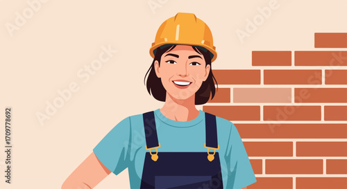 Confident woman builder, pictured near brickwork, exhibits expertise in masonry. Woman builder, clad in protective gear, demonstrates skill near wall.