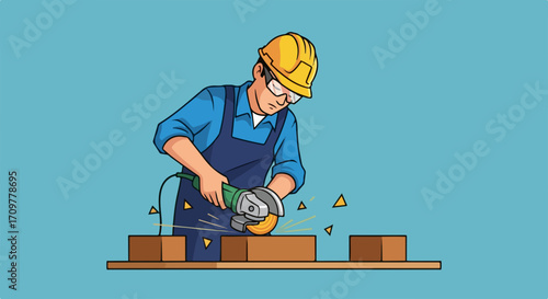 Worker cutting bricks with tool shows manual construction, featuring an artisan demonstrating brick cutting with tool in studio.