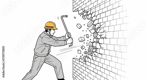 Worker breaking wall using crowbar, causing bricks to shatter during active demolition. Person dismantling obstacle shows construction site activity with force.