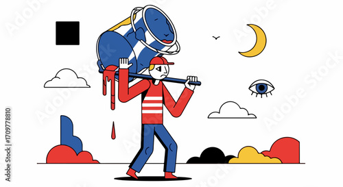 Figure doing paint work, carrying oversized paint can dripping vivid colors. Character in striped shirt embodies paint work, symbolizing creative process, artistic endeavor.