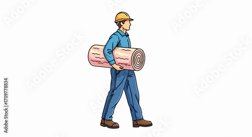 Illustration of construction worker carrying insulation material. Man in hard hat and work uniform performs building work, holding thermal insulation roll.