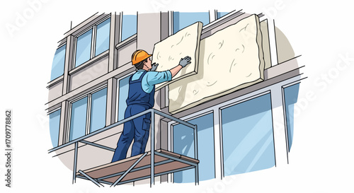 Worker installing building insulation on modern building exterior. Contractor applies thermal building insulation panels on facade from scaffolding. Building insulation vital for energy efficiency,