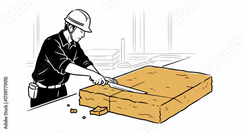Construction worker slicing insulation block on table, wearing hard hat, uniform. Professional construction worker carefully cuts material with sharp knife.