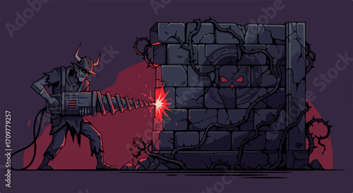 Demolition job shows hard work in progress with horned worker drilling through brick wall. Powerful demolition job with industrial drill revealing a sinister presence on other side.