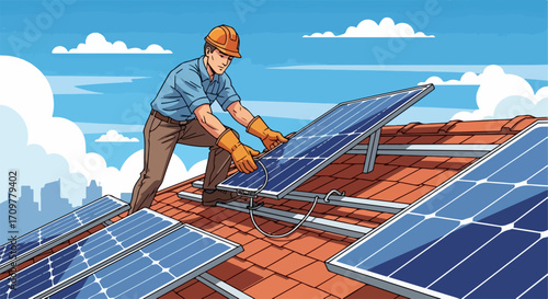 Worker performing solar panel installation on residential rooftop, wearing safety helmet and gloves. Technician carefully mounts blue photovoltaic modules on red tiled roof,