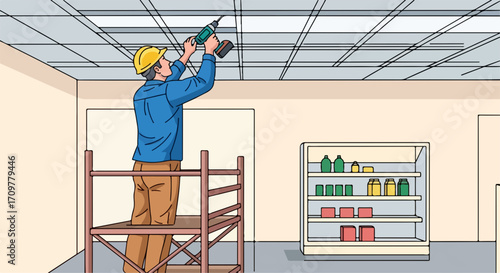 Ceiling installation with worker holding drill and installing suspended tiles, ceiling installation shown in progress. Ceiling installation includes metal grid structure,