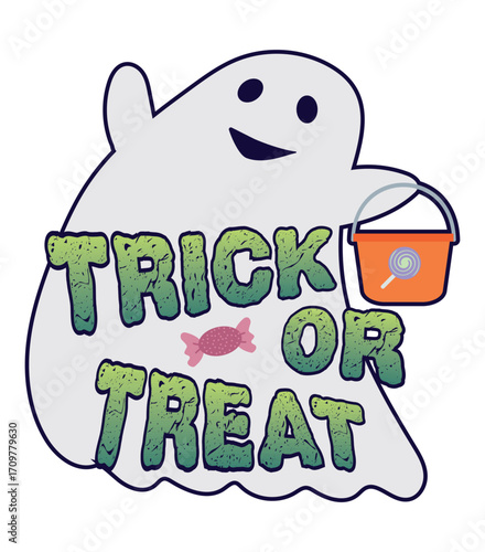 Trick or treat text with ghost and candy vector illustration. Halloween theme element 