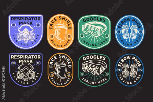 Respirator mask, Face shield, Goggles, and Elbow pads retro badge logo vector design set for workplace safety, construction, industrial, safety gear. Vector Illustration