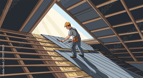 Man working on roof construction, installing panels inside unfinished attic space. Roof construction project involves worker using tools, installing sheathing material.