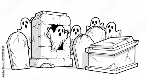 Spooky Halloween ghosts emerge from crumbling tombstones and weathered crypts, creating an eerie graveyard scene under moonlit sky. Group of Halloween ghosts floats around ancient grave markers,