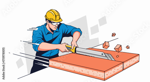 Construction worker cutting block with hand saw on site, construction worker using equipment. Construction worker at work ensures precision in every cut.