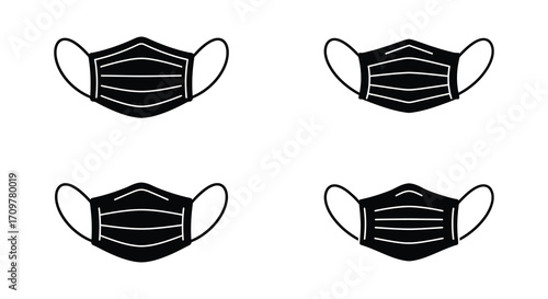 Four black face masks displayed in a simple line art illustration