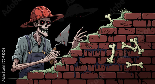 Constructing brick wall with eerie bones as mortar for unique design, constructing brick wall with spooky flair. Unusual construction shows skeleton builder at work,