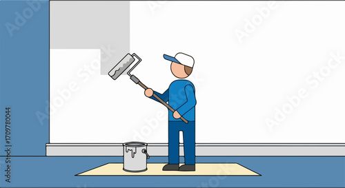 Painter paints wall with roller creating smooth finish in a room. Painter, DIY enthusiast, renovating home for fresher look using painting equipment. Painter at work represents modern design concept.