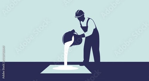 Worker performing industrial pouring from ladle into mold on floor. Craftsman in gear doing industrial pouring, depicting factory production. Graphic for construction, foundry,