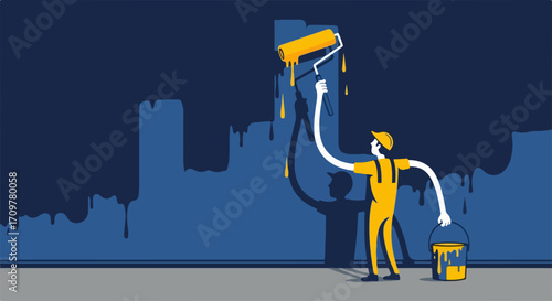 Painter at work with paint roller applies dark blue color to wall, achieving desired look. Painter paints using equipment, creating urban renewal.