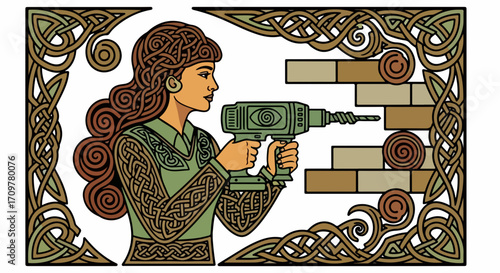Woman drilling wall with power tool and celtic knotwork frame provides an inspired image. Drilling wall for home improvements includes drilling precise holes for construction and renovation.