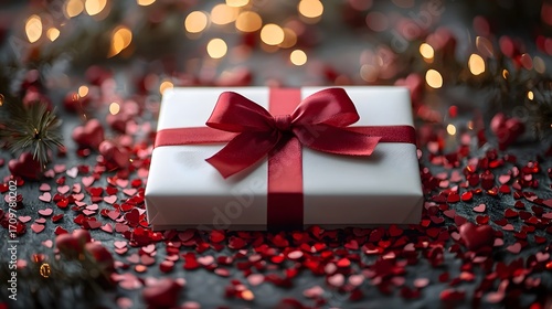 A white gift box with a red ribbon and bow surrounded by heart shaped confetti with blurred festive lights