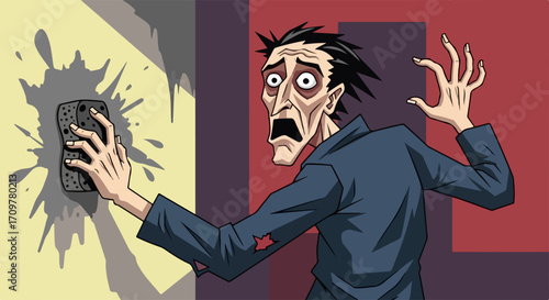 Anxious man in stress touches wall with sponge, looking horrified, expressing psychological stress. Anxious man's reaction shows his fear and despair, feeling pressure in his life,