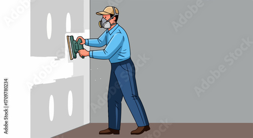 Worker doing drywall repair in room, drywall repair being done by construction worker, indoor. Home repair includes joint compound, sanding, and applying finishing.