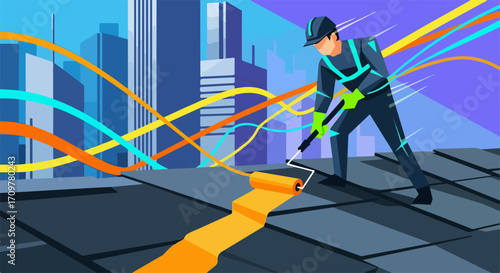 Professional worker creating data flow, painting bright orange line across rooftop with cityscape background. Engineer managing data flow, ensuring smooth information transfer through urban grid.