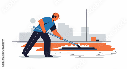 Professional floor cleaning service with worker using squeegee to clear liquid from industrial ground. Efficient floor cleaning ensures pristine commercial spaces.