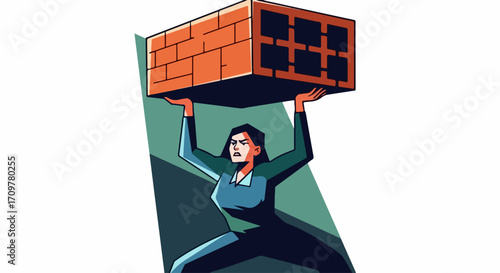 Burden concept with woman holding heavy brick above her head, representing struggle. Burden requires strength and tenacity, showcasing problem solving.