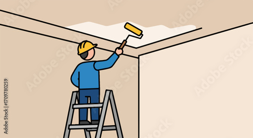 Painting ceiling with roller by man on ladder, painting ceiling with roller in room, and worker wearing yellow helmet.