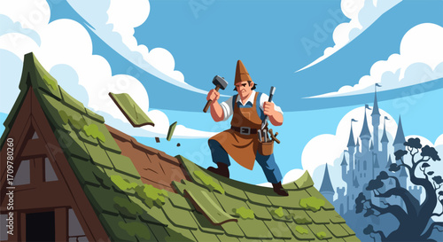 Roofer on roof repairing tiles with hammer under bright sky. Roofer fixing damages on roof of vintage architecture. Concept roofer for renovation and home repair services,