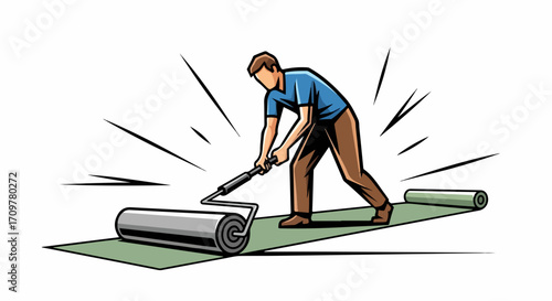 Rolling floor covering depicts man rolling floor covering during installation. Worker rolling floor covering to put flooring down in space.