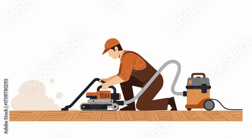 Floor sanding in progress as handyman is resurfacing hardwood flooring with sanding machine. Hardwood floor sanding helps to eliminate dents, stains, and other damage, leaving surface smooth.