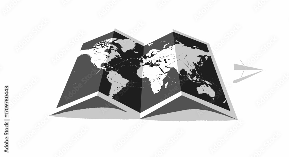 Fototapeta premium Global map unfolds, revealing a journey across continents with a paper airplane symbolizing travel and exploration.