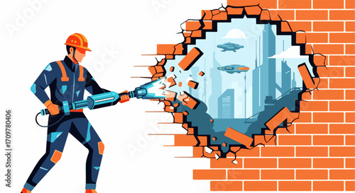 Worker demolishing wall with jackhammer, showcasing cityscape behind, worker using jackhammer to break brick wall. Construction worker with tool demolishing wall reveals futuristic cityscape.