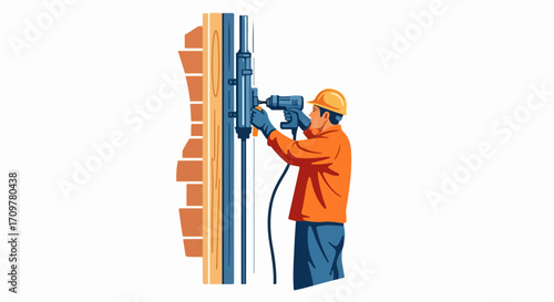 Construction worker drills into brick wall using a drill. Construction worker secures support structure with a drill and ensures project's integrity, showing skill and precision.