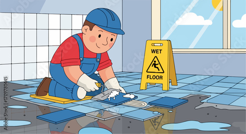 Worker laying tiles on floor, flooring expert carefully putting blue tiles. Worker laying tiles with trowel in bathroom shows his craftsmanship.