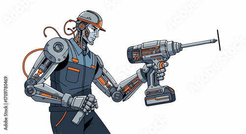 Robotic construction worker with advanced drill on a white background. Robotic construction worker, an android character wearing work clothes, equipped with a powerful drill,