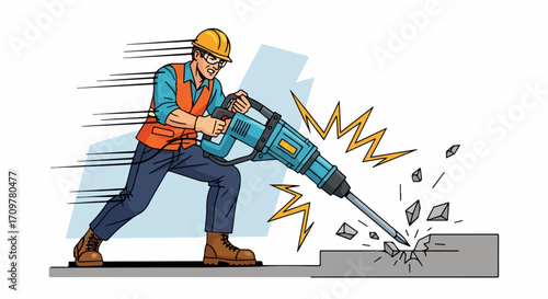 Construction worker using jackhammer to break concrete, Construction worker operates heavy machinery on construction site. Construction worker in safety helmet,