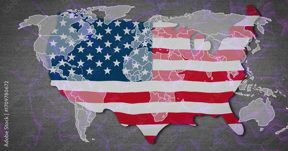 Naklejka premium Displaying US silhouette with flag pattern on dark background, featuring world map and purple veins