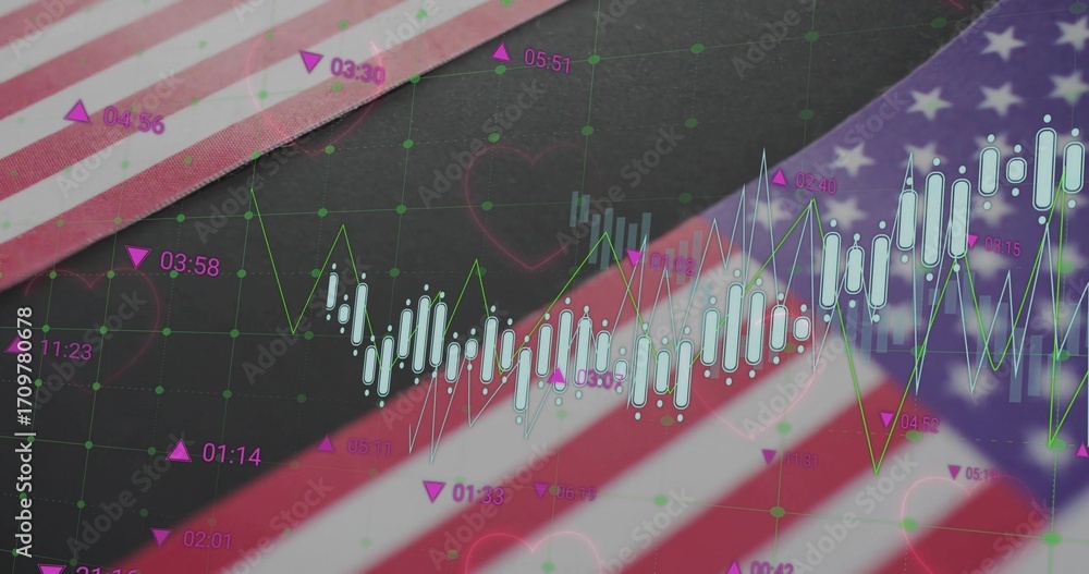 Naklejka premium Showing candlestick and line graph on interface with US flag stripes, star field, green node grid
