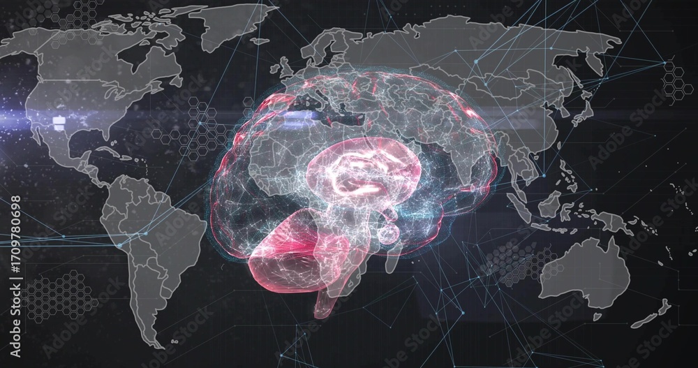 Fototapeta premium Displaying holographic brain floating over world map, showing network lines and hex grid