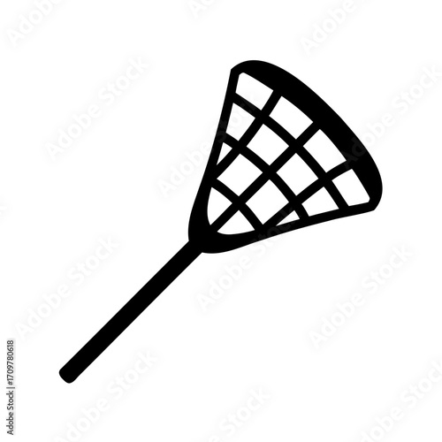 Black and white vector image of a lacrosse stick with a net