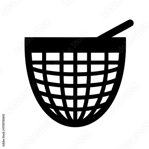 Minimalist Black and White Illustration of a Fishing Net with Handle Design