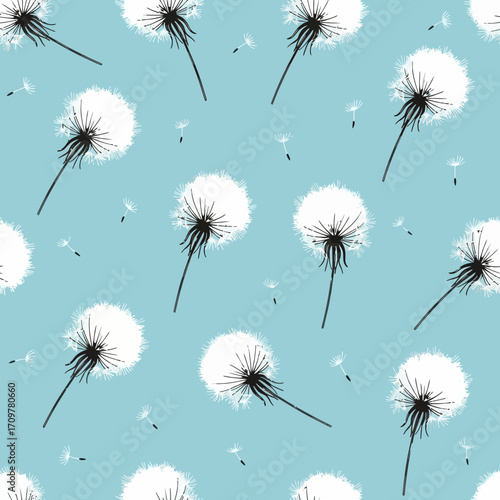 Dandelion Dreams Seamless Floral Pattern on a Light Blue Background