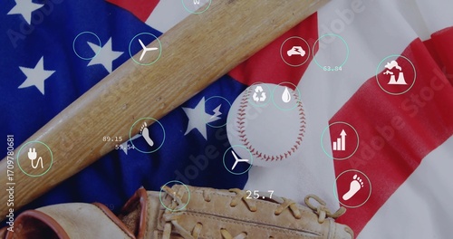 Arranging wooden baseball bat over baseball glove holding baseball on USA flag, showing eco icons