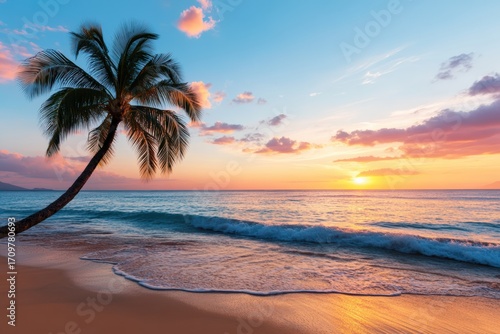 Scenic view of a beautiful sunset over the ocean with a leaning palm tree, creating a serene tropical paradise