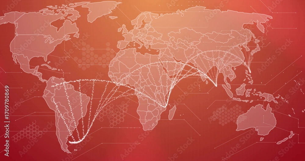 Fototapeta premium Displaying world map routing via white dotted lines on digital canvas, with hexagons and gridlines
