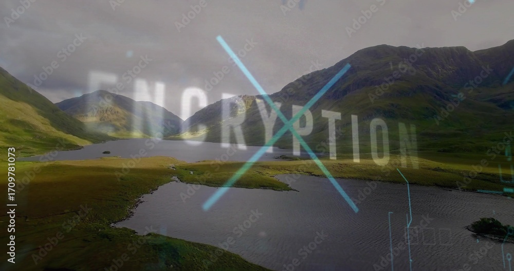 Fototapeta premium Showing valley lake and slopes, overlaying ENCRYPTION with glowing blue lines and HUD elements