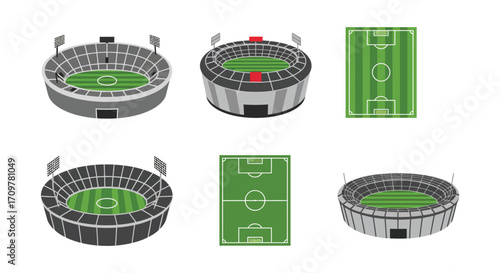 Isometric representations of soccer stadiums in different views and styles