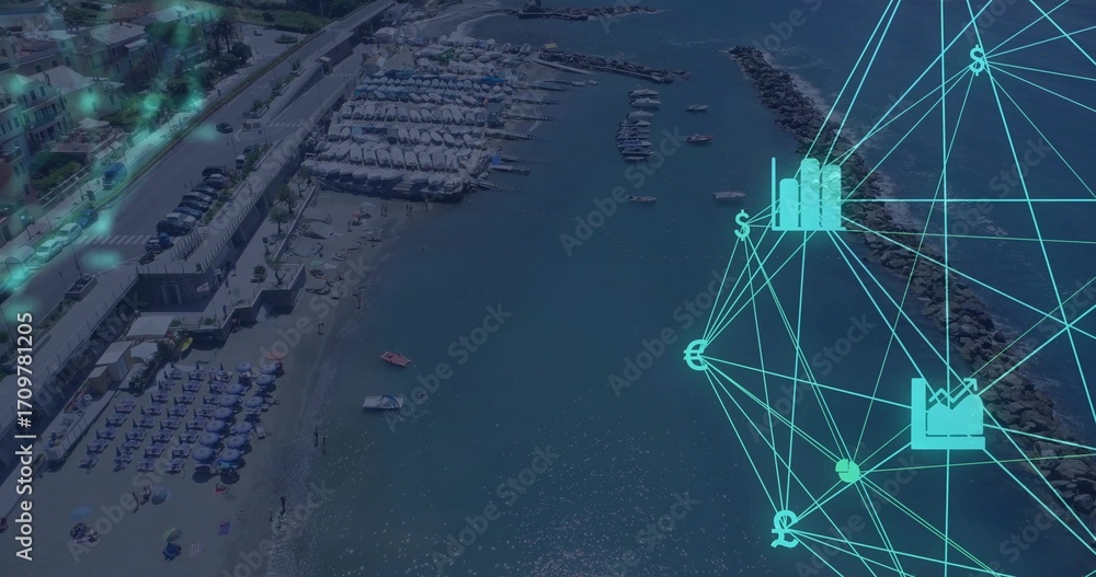 Naklejka premium Overlaying neon-blue network showing financial data over beach umbrellas and boats, copy space