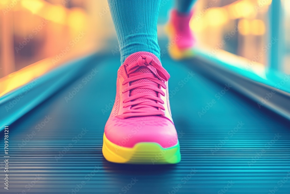 Fototapeta premium Close up view of vibrant pink and yellow sneakers hitting the treadmill, showcasing energy and motion during an intense gym workout